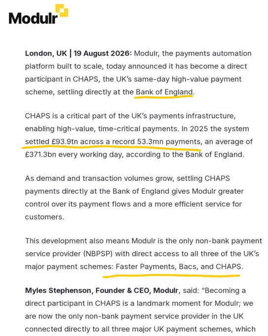 A Modulr press release dated 19 August 2026 announces the company's direct participation in CHAPS, the UK's same-day high-value payment scheme that settled £93.9 trillion across 53.3 million payments in 2025, making Modulr the only non-bank payment service provider with direct access to all three major UK schemes (Faster Payments, Bacs, and CHAPS). The accompanying post highlights this as a milestone for Ripple partner Modulr, noting the system's massive settlement volume and Modulr's connection via RippleNet.