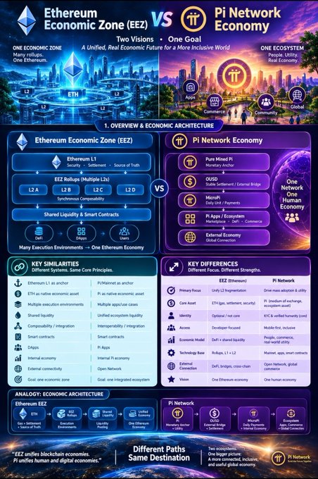 This infographic contrasts the Ethereum Economic Zone (EEZ) and Pi Network Economy, highlighting their different approaches to creating unified economies. It compares their architectures—EEZ uses rollups (L1, L2A/B/C, L3 D) for shared liquidity and smart contracts, while Pi Network focuses on human-centric categories like Pure Mined Pi, PiUSD, MinePi, Pi Apps, and External Economy for global connection. A side-by-side table shows key similarities (Ethereum L1, multiple execution environments, composability) and differences (EEZ emphasizes blockchain integration with ETH as native economic asset, while Pi emphasizes real-world utility with Pi KII as anchor). Both share the goal of one integrated economy via different paths, as reflected in the post's message that "EEZ unifies blockchain economies. Pi aims to unify human + digital economies."