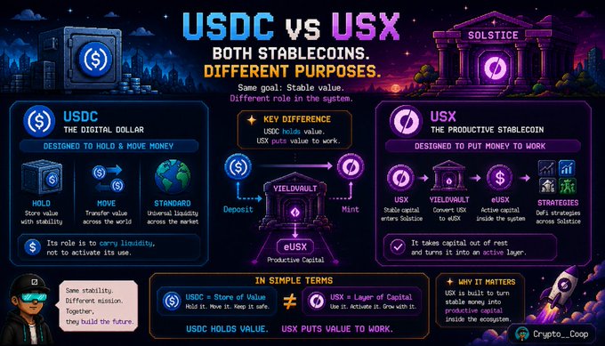 An infographic titled 'USDC vs USX: Both Stablecoins, Different Purposes' comparing USDC (the digital dollar) with USX (the productive stablecoin), created by Crypto__Coop.