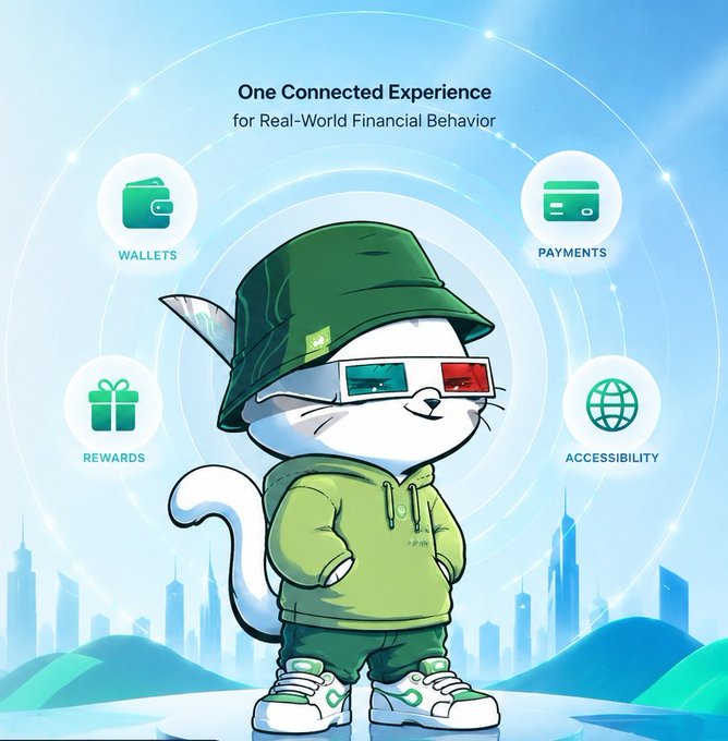 The image features a cartoon cat wearing a green hat, standing against a blue sky with mountains in the background. The cat appears to be wearing sunglasses and has a green jacket on. The text above the cat reads "One connected experience for real-world financial behavior", which suggests that this is an advertisement or promotional material related to cryptocurrency adoption.

The image also includes various icons representing different aspects of cryptocurrency, such as wallets, payments, and accessibility. These icons are scattered around the image, with some overlapping each other. The cat's position in front of these icons emphasizes its importance within the context of the post.