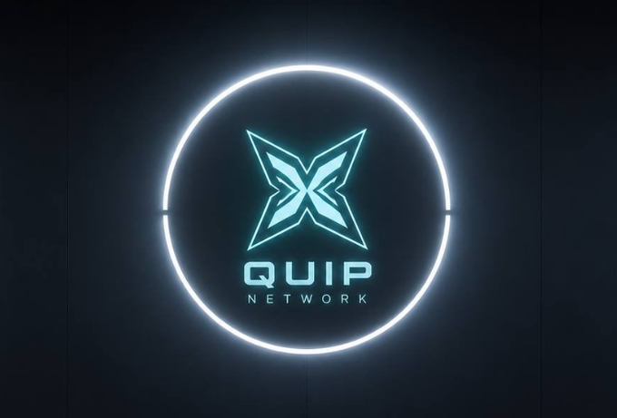 A glowing neon cyan logo for 'QUIP NETWORK' featuring a stylized X-shape design encircled by a bright ring against a black background.