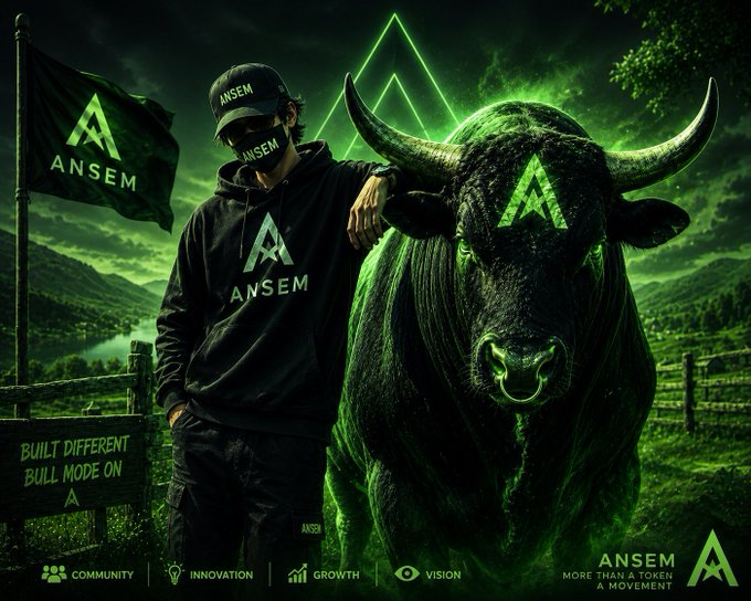 Promotional graphic featuring a figure in an 'ANSEM' hoodie and cap posing with a green-glowing bull, with text reading 'BUILT DIFFERENT BULL MODE ON' and a banner listing 'COMMUNITY | INNOVATION | GROWTH | VISION' alongside 'ANSEM - MORE THAN A TOKEN A MOVEMENT'.