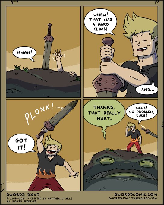 A four-panel comic from "Swords DXVI" by Matthew J Wills shows a blonde character struggling to climb out of a pit ("HNGH!"), pulling out a sword ("WHEW! That was a hard climb!"), triumphantly raising it ("PLONK! GOT IT!"), and thanking someone who replies "Haha! No problem, dude!"—while a giant frog lurks beneath. The image parallels the post's message about market conviction: reaching the "sword" (profit) feels triumphant, but unseen dangers (the frog/risk) remain lurking below for those who fail to look beyond the surface of a green candle.