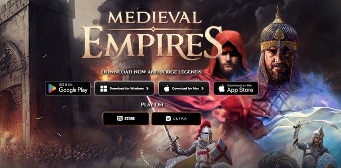 A promotional banner for the mobile/PC game 'Medieval Empires' featuring medieval warriors and knights, with download buttons for Google Play, Windows, Mac, App Store, and Ultra.