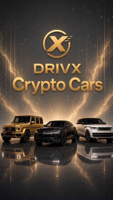 A promotional poster featuring the gold 'DRIVX Crypto Cars' logo above three luxury vehicles—a gold G-Wagon, a black Lamborghini Urus, and a white Range Rover—against a dark, dramatic background with golden energy streaks.