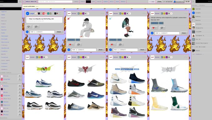 A webpage showing sneaker images with flame border decorations, including text like 'NIKE HYPERDUNK 2015' and 'COURT INTERDIT VAPORWING'.