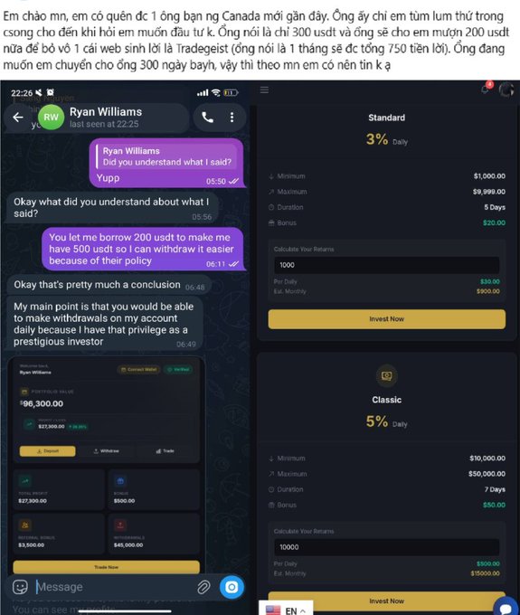 A Vietnamese post warns a naïve user about a Canadian “investment” scheme, alongside screenshots of Ryan Williams promising to add $200 to a $300 deposit for monthly $750 returns. The screenshots show purported Tradegeist investment plans offering 3% daily or 5% daily returns, highlighting likely scam or Ponzi-like claims.