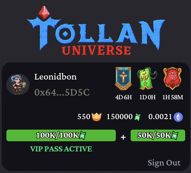 A gaming or crypto dashboard for 'TOLLAN UNIVERSE' showing the username 'Leonidbon' with wallet address 0x64...5D5C, VIP pass active, 550 crowns, 150000 gold, and 0.0021 ETH.