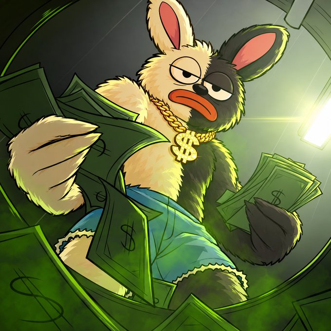 A stylized cartoon illustration of a furry creature with rabbit-like ears, wearing a gold chain with a dollar sign pendant, and holding stacks of cash in a dimly lit room.