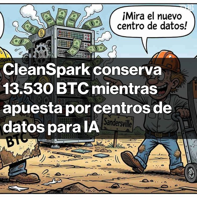 A cartoon-style news graphic features a worker pointing to a server rack emitting dollar bills, with Spanish text reading '¡Mira el nuevo centro de datos!' and 'CleanSpark conserva 13.530 BTC mientras apuesta por centros de datos para IA.'