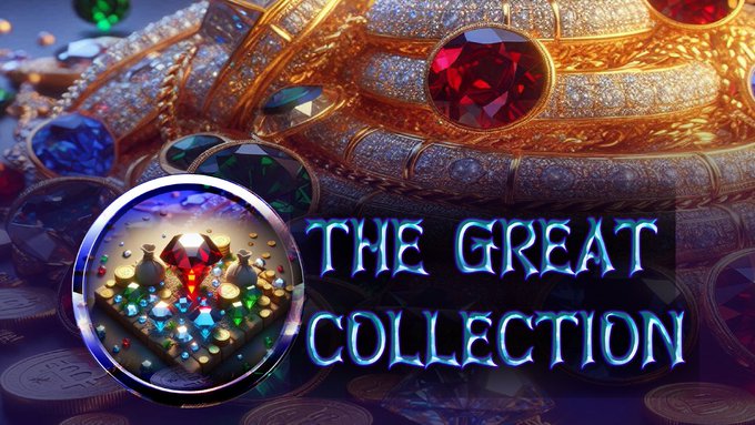 A dazzling display of gold treasures, gemstones, and coins features a circular emblem with a heart-shaped ruby surrounded by multicolored gems, alongside the glowing text "THE GREAT COLLECTION." The image visually represents the luxurious rewards and rare collectible items players can hunt down across the map in World of Dypians, tying directly to the post's call to explore, collect, and conquer.