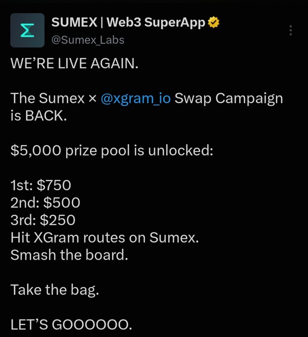 A screenshot of a tweet from @Sumex_Labs announcing the relaunch of the Sumex × @xgram_io Swap Campaign with a $5,000 prize pool—$750 for 1st, $500 for 2nd, and $250 for 3rd—encouraging users to swap through XGram routes on Sumex.