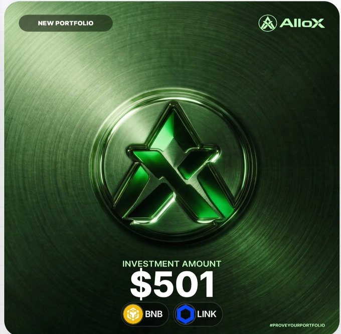 A promotional graphic for 'AlloX' featuring a glowing green triangular logo on a metallic green surface, advertising a 'NEW PORTFOLIO' with an 'INVESTMENT AMOUNT' of '$501' in BNB and LINK.