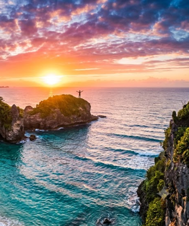 A coastal sunset scene with a silhouetted figure standing triumphantly on a rocky cliff, overlooking turquoise ocean waters and dramatic cliffs under a fiery orange sky.