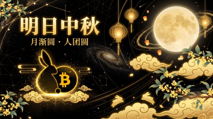 A festive graphic celebrating the Mid-Autumn Festival with Chinese text '明日中秋' and '月满圆·人团圆', featuring a golden rabbit with a Bitcoin logo, a full moon, hanging lanterns, and clouds against a starry night sky.