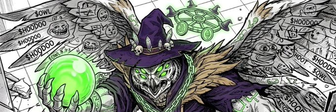 A hooded, skeletal figure wearing a wizard hat and glowing green eyes conjures a glowing green crystal ball and a spectral drone-like vehicle, while chains and banners repeat "$HOODOO," "$OWL," and "$SOUL" in the background. The artwork serves as a banner image tied to the Robinhood token $SCRY on Moby, with its eerie, spellcasting aesthetic fitting a community-led meme coin reveal.