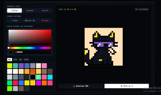 Pixel art drawing interface showing a black cat character with purple sunglasses holding a smoking cigarette, created on a 24x24 grid canvas.