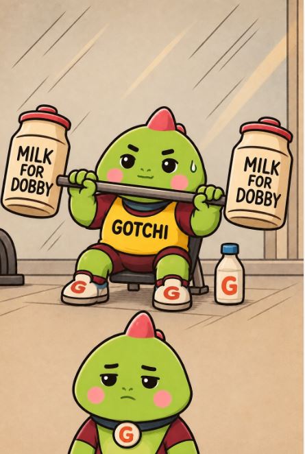 A cartoon illustration shows a green dinosaur character wearing a 'GOTCHI' shirt lifting two milk jugs labeled 'MILK FOR DOBBY', with a sad-looking version of the character below.