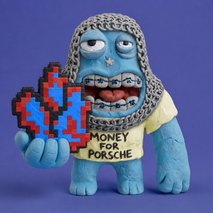 A 3D-rendered blue monster figurine wearing a chainmail coif and a shirt reading 'MONEY FOR PORSCHE' holds a pixelated red and blue heart.