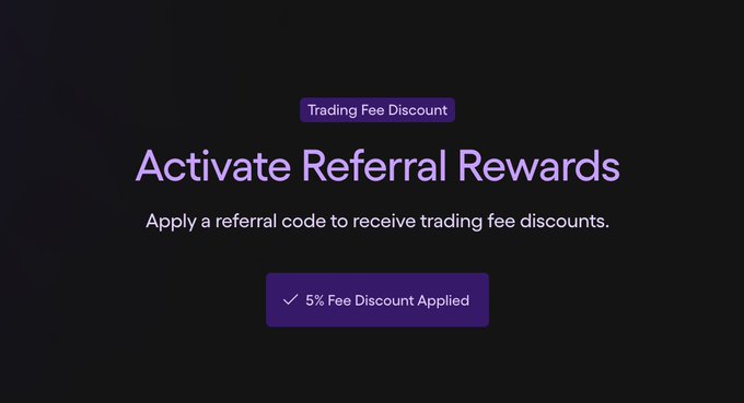 A digital interface screen displays 'Activate Referral Rewards' with a '5% Fee Discount Applied' confirmation for trading fee discounts.