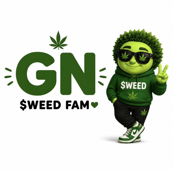 The image features a cartoon character wearing sunglasses, a green hoodie with "Gn" written above their head, and a pair of sneakers. The character also has a peace sign and the words "weed fam" written below them. The post includes text that reads: "Sleep tight Fam. May your dreams be green and your notifications be bullish." This message is related to the cartoon character's appearance in the image as it suggests a connection between their style, represented by the sunglasses and hoodie, and the marijuana-related content of the post.