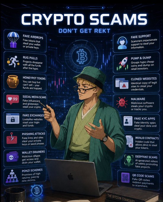 An anime-style infographic titled 'CRYPTO SCAMS: DON'T GET REKT' featuring a character at a laptop, surrounded by descriptions of common scams like 'FAKE AIRDROPS', 'RUG PULLS', 'PONZI SCHEMES', 'PHISHING ATTACKS', 'PUMP & DUMP', 'MALWARE', and 'DEEPFAKE SCAMS'.