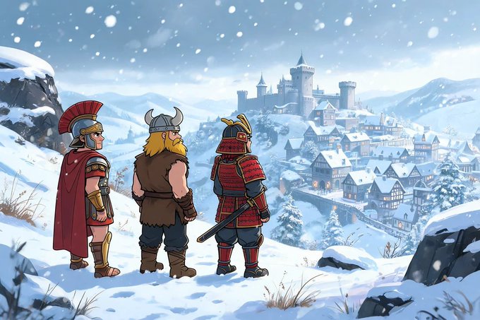 A Roman centurion, Viking, and samurai stand together in the snow, overlooking a medieval castle town, symbolizing the diverse warriors and kingdoms central to the upcoming $HUB play-to-earn gameplay token launch.