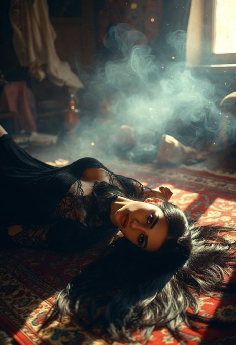 A woman with long dark hair wearing a black lace outfit lies on a patterned red carpet with smoke rising around her in a dimly lit, atmospheric room.