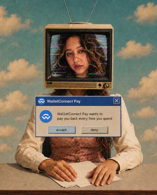 A surreal artwork featuring a person with a vintage TV for a head displaying a woman's face, with a Windows-style WalletConnect Pay popup reading 'WalletConnect Pay wants to pay you back every time you spend' with accept and deny buttons.