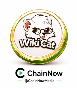 A glossy gold-rimmed "Wiki Cat" ($WKC) logo featuring a cartoon white cat wearing glasses is displayed above the ChainNow media (@ChainNowMedia) branding, serving as the visual centerpiece for an announcement about 32B+ $WKC tokens being burned from circulation via PeniWallet.