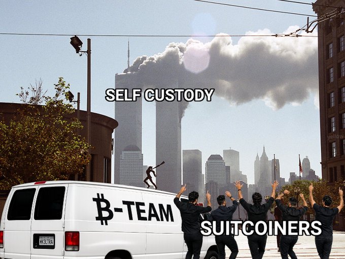 A meme showing a figure wielding a bat standing on a van labeled "₿-TEAM" with "SELF CUSTODY" looming as a large cloud in the background, while a group of people labeled "SUITCOINERS" dance with raised hands in front of the Twin Towers—suggesting a playful stand-off where self-custody advocates appear ready to strike down those reluctant to take control of their own Bitcoin.