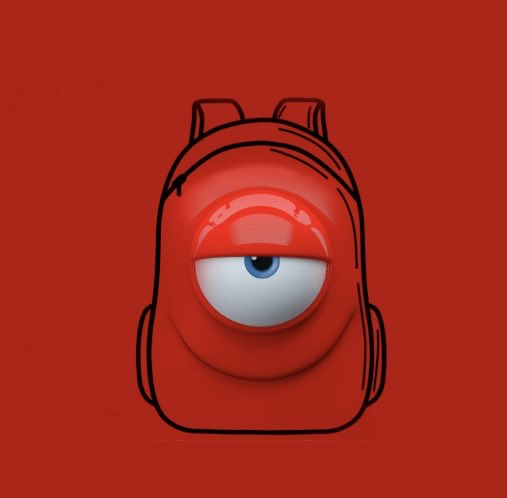 A minimalist red backpack character featuring a single large eye in the center, set against a solid red background.