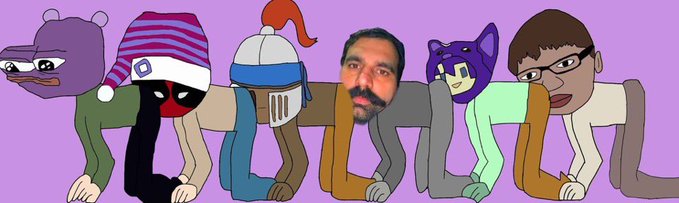 Cartoon-style illustration of multiple characters with various heads (including Pepe, a knight, a man with a mustache, and a purple wolf) connected to a single elongated brown body on a pink background.