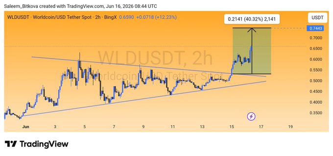 The image shows a chart with a yellow line that goes up and down, indicating fluctuations in stock prices over time. The chart has a title "WLD #Bullish", which suggests that the stock market might be experiencing bullish trends at this moment.