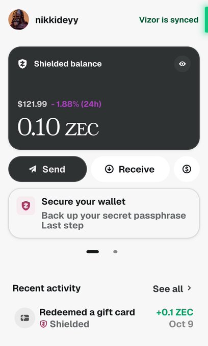 A mobile screenshot of a crypto wallet app showing user 'nikkideyy' with a shielded ZEC balance of 0.10, equivalent to $121.99 USD.