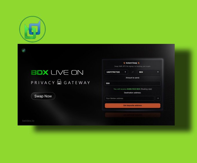 A promotional banner reading "BDX LIVE ON PRIVACY GATEWAY" with a "Swap Now" button, showing an instant swap interface converting USDT (TRC20) to BDX at beldex.io.