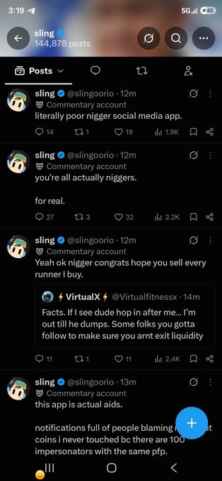 A screenshot of an X (Twitter) feed from user 'sling' (@slinggoorio) posting offensive commentary, visible to 1.9K-2.4K views, in response to user 'VirtualX' (@Virtualfitnessx).