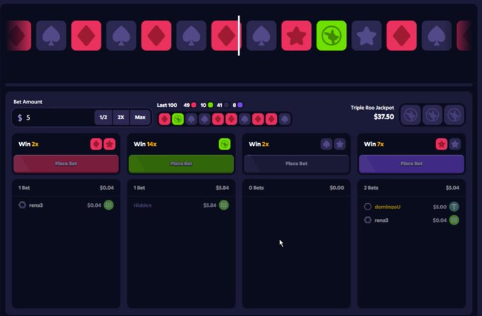 A screenshot of a Roobet roulette betting interface showing a $5 bet amount, a $37.50 Triple Row Jackpot, and recent wins including a 14x payout on a green card and 7x and 2x wins on red/blue/purple cards, with player names like "renai3" and "dominoU" visible in the betting history.