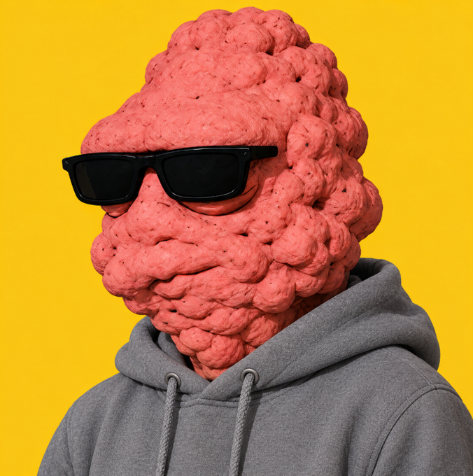 A surreal 3D render of a figure with a pink, bumpy brain-like head wearing black sunglasses and a grey hoodie against a yellow background.