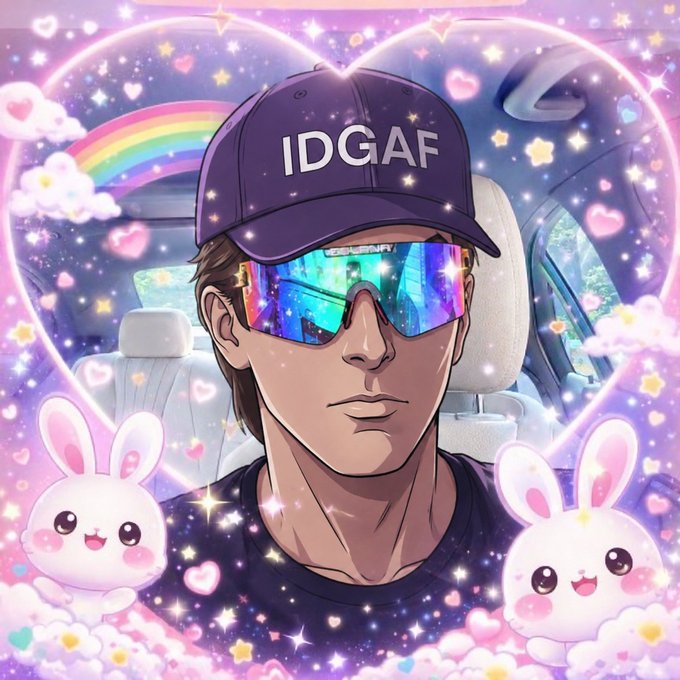 A stylized anime-style illustration of a man wearing an 'IDGAF' cap and reflective sunglasses, surrounded by sparkles, rainbows, hearts, and cute cartoon bunnies in a car setting.