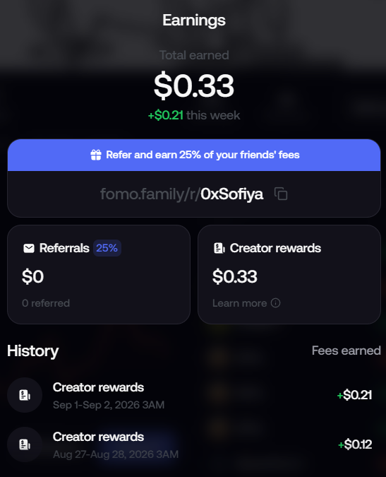 Earnings dashboard on fomo.family showing total earned $0.33 (+$0.21 this week), with a referral link fomo.family/r/OxSofiya and creator rewards history.