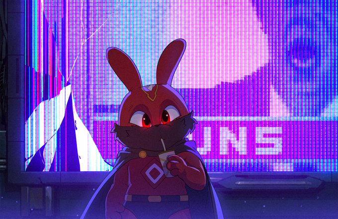 An anthropomorphic rabbit character with red eyes and a diamond emblem on its chest sips from a cup in front of a neon-lit digital billboard displaying the letters "UNS." The moody, glitch-art aesthetic and bold branding visually reinforce the post's praise for BubbleBunsNFT as a premium, story-driven Avalanche collection.