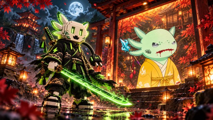 A digital illustration featuring two blocky, NFT-style characters in a Japanese setting with red leaves and a full moon; one is a green-glowing samurai-like figure holding a sword, and the other is an axolotl in a yellow robe with blood.