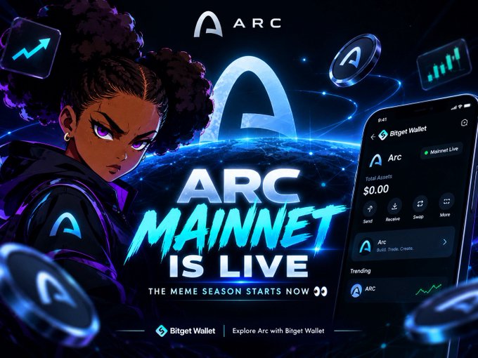 A vibrant promotional graphic announces "ARC MAINNET IS LIVE — THE MEME SEASON STARTS NOW" alongside an anime-style character, featuring the Bitget Wallet app interface and the Arc logo to highlight the mainnet launch and wallet integration.