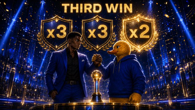 A man in a blue suit and a duck mascot bump fists in front of a trophy beneath glowing shields reading "THIRD WIN x3 x3 x2," celebrating a hat trick of wins in the $EPIK creator campaign.