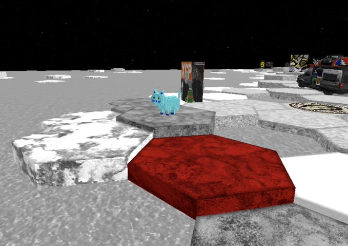 A 3D virtual metaverse scene featuring hexagonal platforms of various textures (red, white marble, gray stone) on a snowy/icy surface under a starry black sky, with a small blue pixelated creature character, a billboard, and vehicles visible in the background.