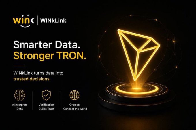 A promotional graphic for 'WINkLink' with the tagline 'Smarter Data. Stronger TRON.' featuring a glowing golden TRON diamond logo on a black background, noting 'WINkLink turns data into trusted decisions' with icons for AI Interprets Data, Verification Builds Trust, and Oracles Connect the World.