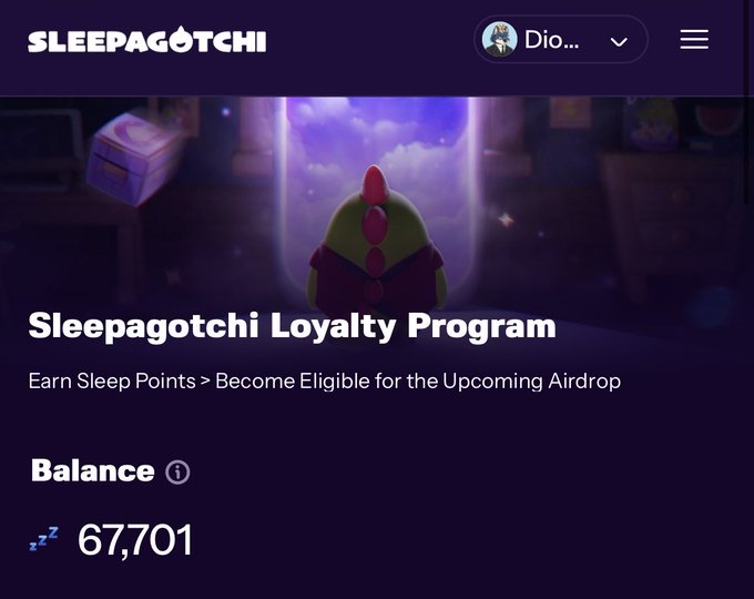 Screenshot of the Sleepagotchi Loyalty Program webpage showing a character in pajamas and text reading 'Earn Sleep Points > Become Eligible for the Upcoming Airdrop' with a balance of 67,701 sleep points.