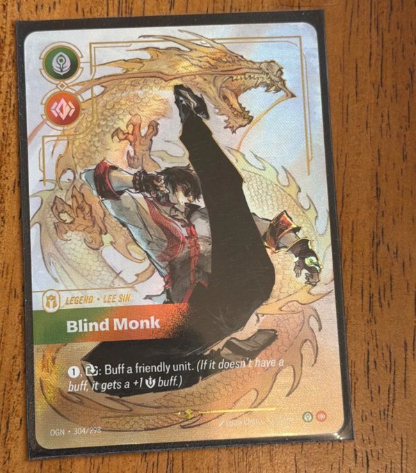 A Legend card for 'Blind Monk' (Lee Sin) from the Rift of the Necro Dancer Riftbound TCG expansion OGN, with a torn sleeve covering part of the artwork.