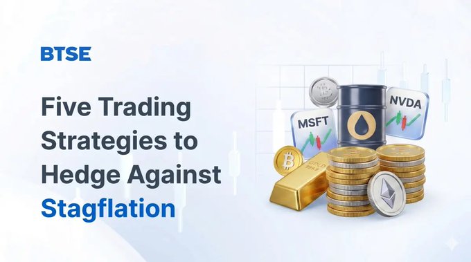 The image features a poster with five trading strategies for hedge against stagflation, including investing in gold or other precious metals, shorting overvalued tech companies, and using options to hedge against inflation. The poster also includes various coins and bars of gold as part of its visual representation of these strategies.